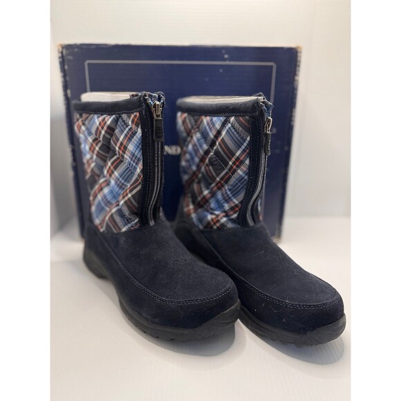LANDS’ END Snow Winter Boots Navy Suede Plaid Quilted Design New Size 9 (Bx X) - Picture 1 of 12